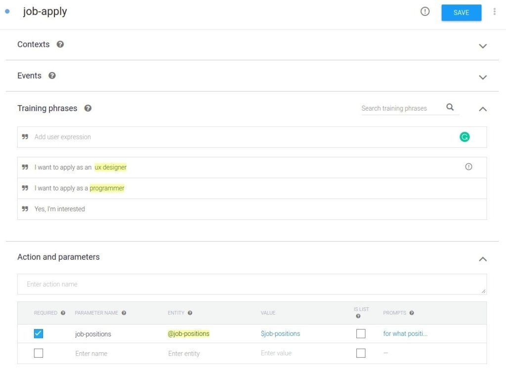 DialogFlow Job Apply Intent