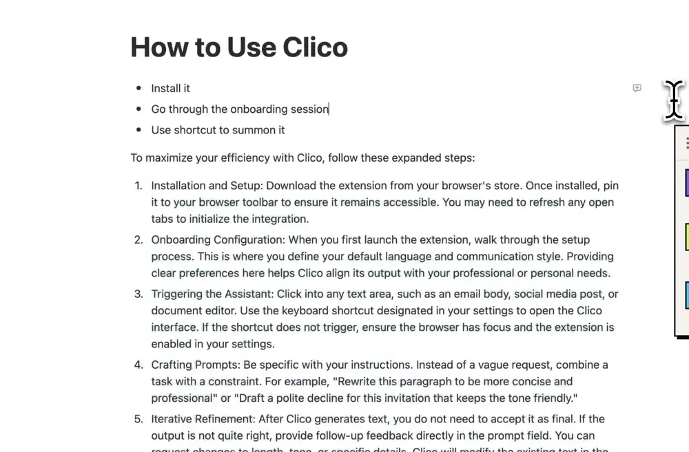 Clico generating a step-by-step guide inside a Notion doc