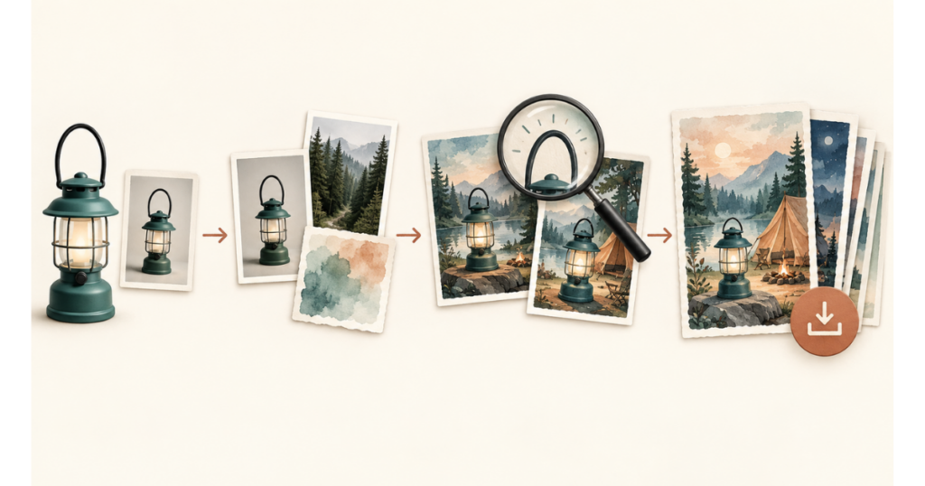 Concept illustration: prepare the inputs, combine their roles, inspect the result, and keep a revision record.