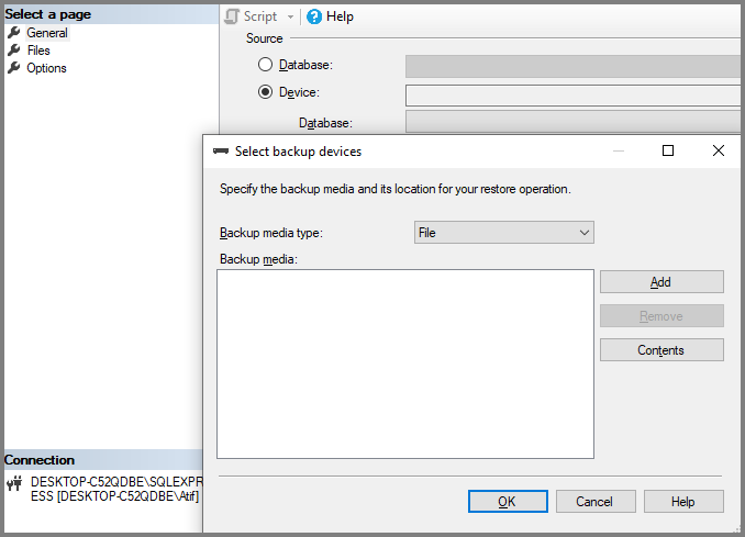 Restore Database screen