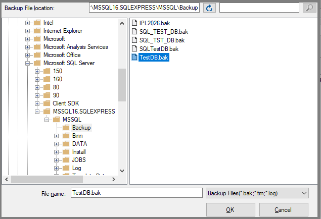 Select the backup file through which you want to restore your database and click OK